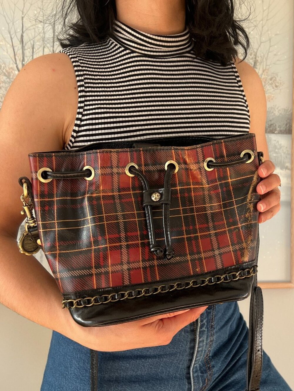 Patricia‎ Nash Red Black Tartan Plaid Civetta Bucket Crossbody Shoulder Bag - Picture 9 of 13